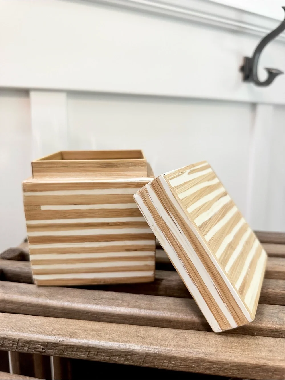 Vintage West Elm Striped Bamboo Wood Square Trinket Box Natural White 4 x 4 4.5”